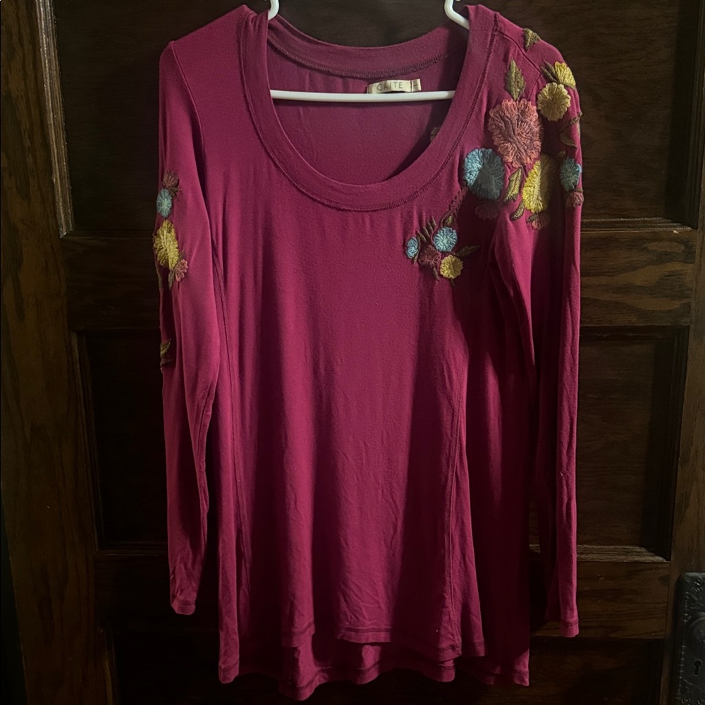 Caite, Fuchsia Floral Embroidered Long Sleeve Top, Size L